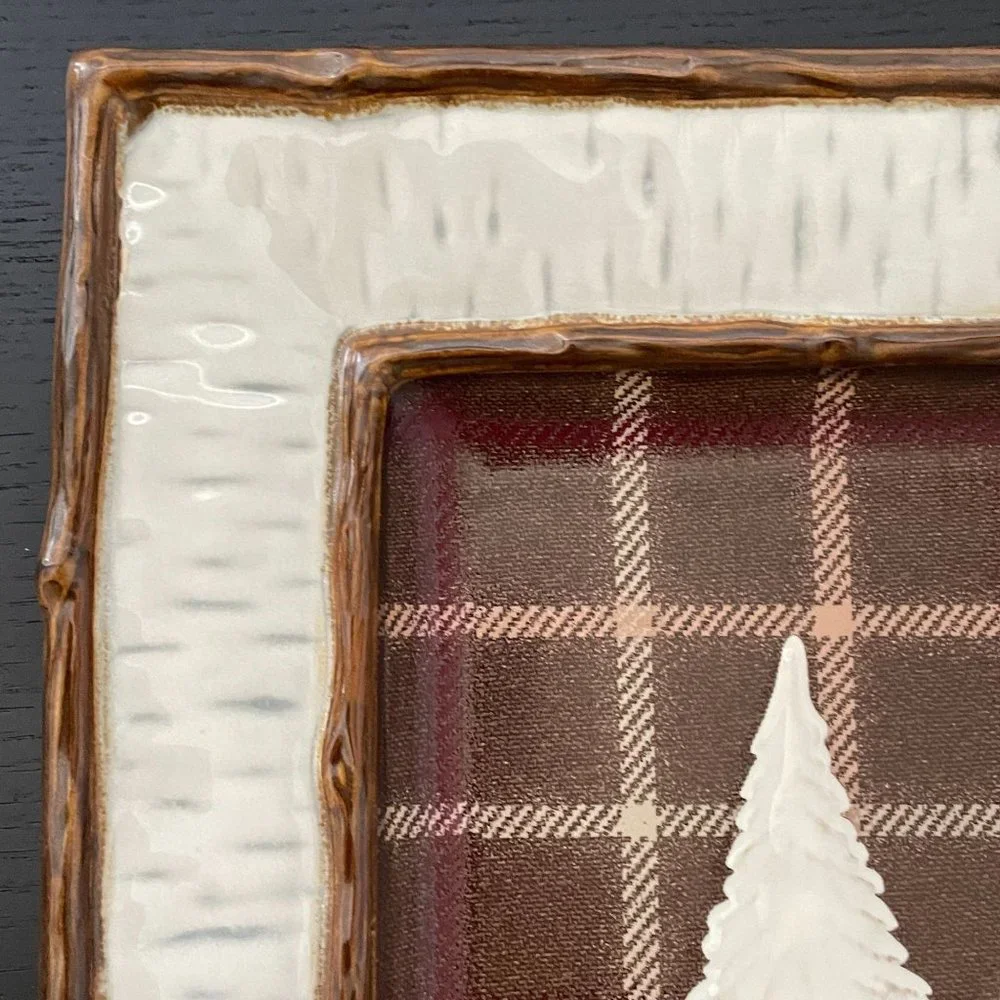 Homestudio Lake Cabin Dinner Plate Square Plaid Rustic‎ Embossed Stoneware 11